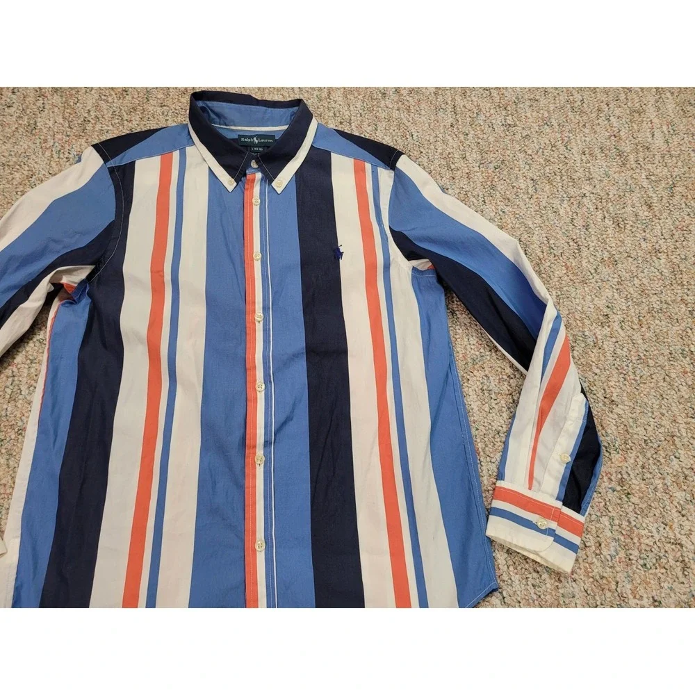 Ralph Lauren Striped Button Down Shirt Boys Large 14-16 Blue Orange Cotton